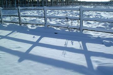 Winter_scene image of sun shining through timber fence onto snow covered ground