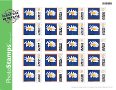 A sample PhotoStamps sheet with the collectors First Day insignia