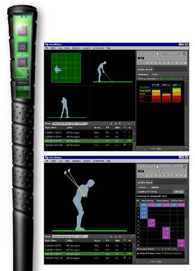 Image of SmartSwing-equipped golf club and swing pattern diagrams